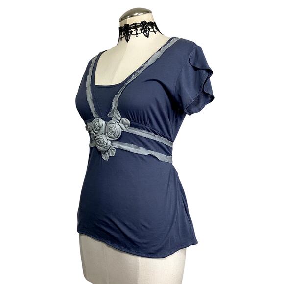 Deletta Coquette Cottage Core Tie Back Blue Rose Blouse - Picture 4 of 11